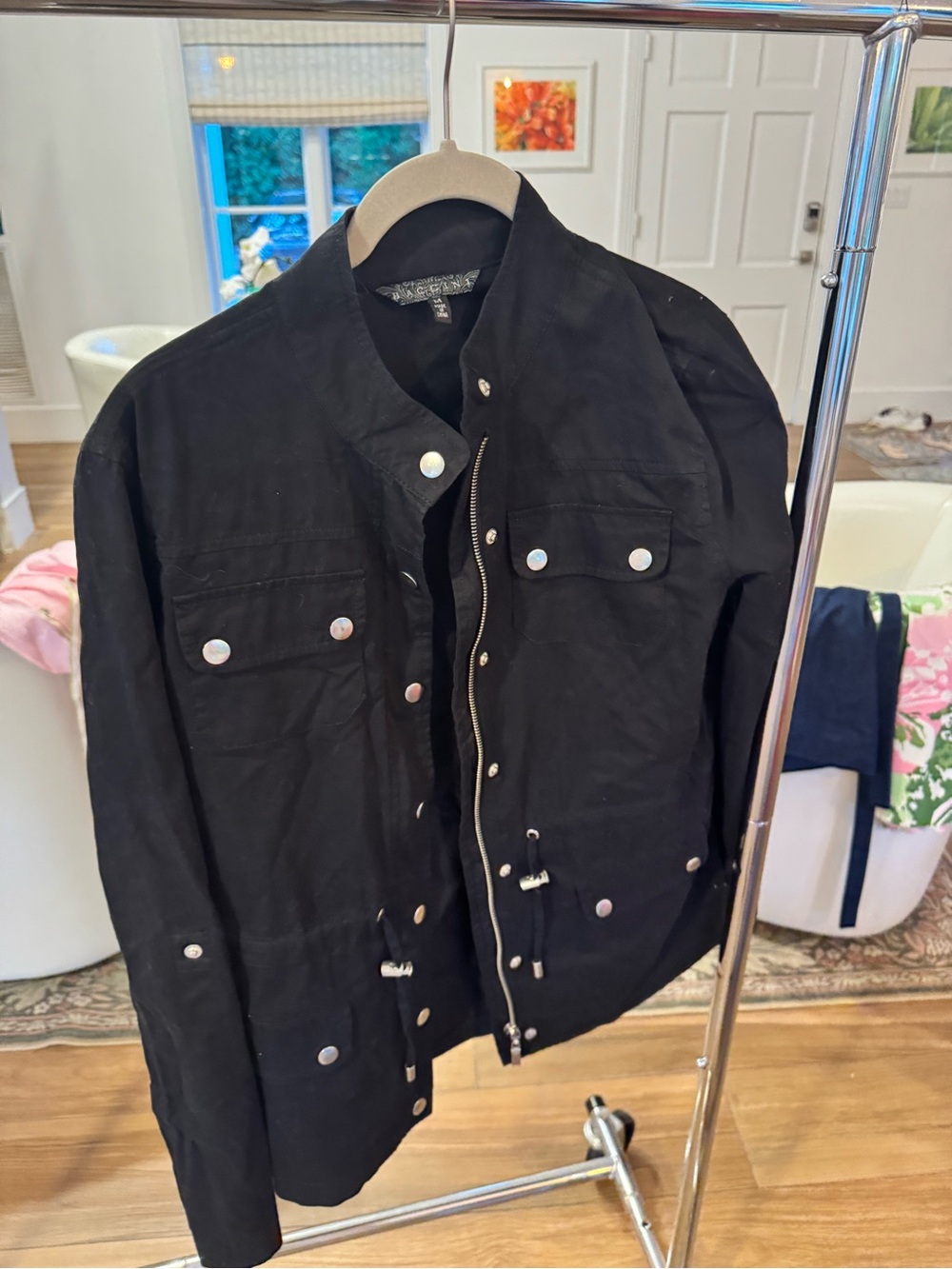 Black womens Utility Jacket with Snap Front